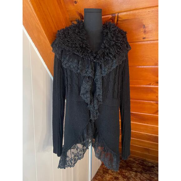 Vintage Sweaters - Vintage 90s Shearling Lace Knit Black Cardigan Wool Mix Sweater sz L
